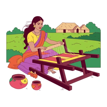 An Indian lady wearing a colorful sari is sitting at a wooden loom in a rural setting. The loom is intricately designed, with vibrant threads of two distinct colors being woven together to create a traditional fabric. Surrounding her are lush green fields and a few mud houses with thatched roofs in the background. The lady's focused expression reflects her concentration on the weaving process, and a gentle breeze rustles through her hair. In her surroundings, there are handmade baskets and pots that add to the rural atmosphere.