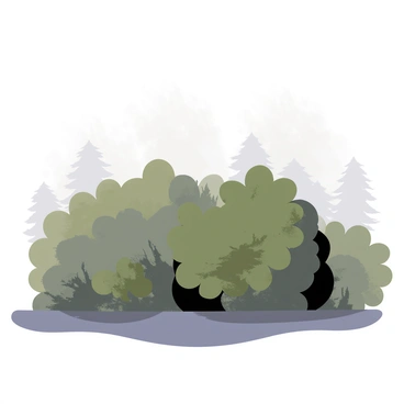 Bushes with dark green foliage are covered in a wispy, gray fog, creating a mysterious atmosphere. The ground is damp and the fog hovers just above the surface, partially obscuring the bushes. Rays of soft, early morning light filter through the fog, casting gentle shadows and giving the scene a dreamlike quality. The surrounding area is quiet, with only the faint outline of trees visible in the background, enhancing the sense of mystery.