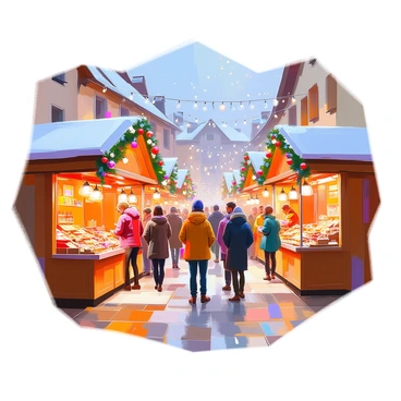 A bustling Christmas market in Alsace filled with colorful wooden stalls adorned with twinkling lights and festive decorations. Each stall is decorated with garlands of pine and cheerful ornaments, showcasing a variety of handcrafted gifts, delicious treats, and seasonal delicacies. In the foreground, groups of people wearing winter clothing are gathered, smiling and chatting, while holding warm drinks in festive cups. The background features a charming village square with half-timbered houses, illuminated by strings of lights, creating a warm and inviting atmosphere. Snowflakes gently fall from the sky, adding to the festive ambiance.