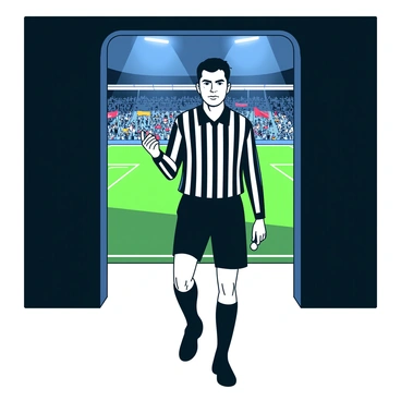 A confident referee in a black and white striped uniform is walking out onto the field from a dark tunnel. The referee is holding a whistle in one hand and has a focused expression. Bright stadium lights illuminate the field ahead, casting shadows behind. The grass is a vivid green and the surrounding stands are filled with fans, some waving colorful flags. The atmosphere is charged with anticipation as the referee steps out into the open, ready to officiate the game.