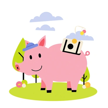 A pink pig with a cheerful expression is standing on a patch of lush green grass. The pig is holding a vintage camera up to its face, ready to take a photograph. In the background, there are trees with vibrant green leaves and colorful flowers blooming. A bright blue sky with fluffy white clouds stretches overhead. The pig is wearing a small blue hat, adding a playful touch to the scene.