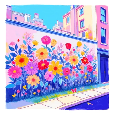 A large mural of colorful flowers is painted on the side of a city building. The flowers include a variety of species, such as roses, daisies, and sunflowers, each rendered in bright colors like red, yellow, and purple. The mural stretches across the entire wall, with intricate details highlighting the petals and leaves. Below the mural, there is a small patch of green grass with a few butterflies fluttering around. The surrounding urban environment includes nearby buildings and a clear blue sky above.