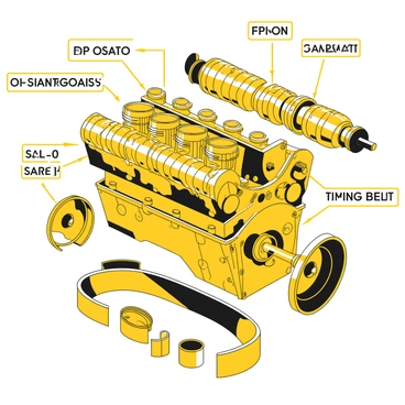 An exploded view of a car engine, with all components clearly labeled and separated for clarity. The engine block is at the center, surrounded by individual parts such as the cylinder head, pistons, crankshaft, camshaft, valves, and timing belt. Each component is distinct and spaced out to highlight their individual functions. Additionally, there are arrows connecting the parts to their corresponding labels, ensuring an easy understanding of the engine's structure. The overall layout is organized and precise, showcasing the intricate details of each part.