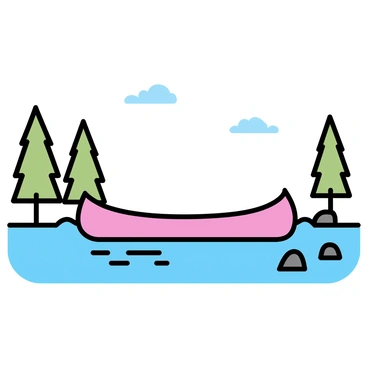 A canoe, painted in a bright red color, glides smoothly through clear, calm water. The riverbanks are lined with tall green trees, their leaves reflecting in the water's surface. A few rocks are partially submerged near the edge, and gentle ripples radiate outward from the canoe. The sky above is clear with a hint of soft clouds, creating a tranquil atmosphere.