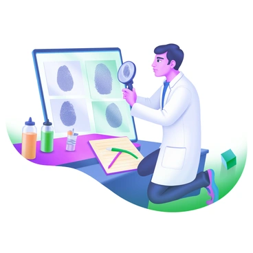 A forensic scientist using a loupe to inspect fingerprints on a glass surface