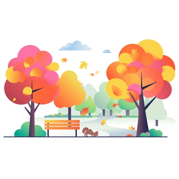 A park during fall is depicted with trees showcasing vibrant leaves in shades of orange, red, and yellow. The ground is covered with a thick blanket of these fallen leaves. In the background, a pathway winds through the park, bordered by trees. A gentle breeze causes a few leaves to flutter down, creating a dynamic scene. There is a wooden bench on the pathway, and a small squirrel is seen gathering acorns nearby. The sky above is clear with a few fluffy white clouds scattered throughout.
