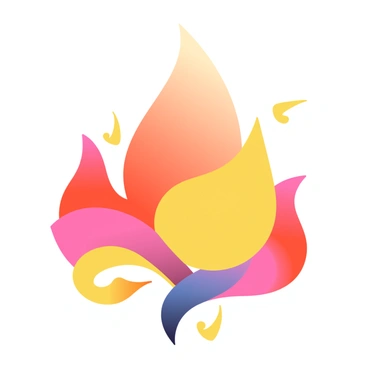 A vibrant composition of flame shapes in various colors is flowing together in harmonious movement. The flames are depicted in shades of red, orange, yellow, and hints of blue, creating a striking contrast. Each flame has a unique shape, some are tall and slender while others are wide and billowing, all intertwining seamlessly. The colors are blended softly at the edges, creating a gradient effect that enhances the sense of fluidity in the design. The background remains subtle to allow the flames to stand out prominently.