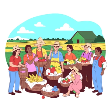 A group of farmers is gathered in a field, joyfully celebrating their bountiful harvest. The farmers are wearing colorful clothing, with some sporting straw hats and others with sun hats. They are holding baskets filled with fresh produce such as golden wheat and vibrant fruits. In the background, there is a large, green barn and rows of crops stretching into the distance. Above them, the sky is expansive and bright with a few fluffy white clouds scattered throughout. The atmosphere is lively, filled with laughter and smiles, as the farmers share their hard-won fruits of labor.