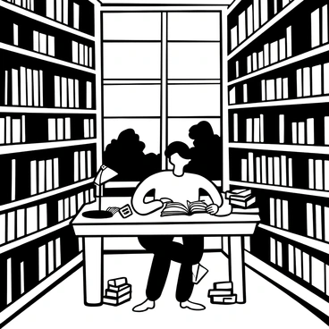 Ayanokoji sitting at a wooden desk, surrounded by stacks of various books in a large, sprawling library. The desk is cluttered with opened books, notes, and stationery. Tall shelves filled with books stretch up to the ceiling, casting shadows in the dim light. A single lamp on the desk illuminates a specific page of an open textbook. There are small piles of books on the floor nearby, and a large window in the background reveals silhouettes of trees outside.