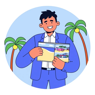 A real estate agent stands confidently, holding a stack of colorful brochures showcasing various beachfront properties. The agent is dressed in a smart blazer and has a friendly smile. The brochures feature vibrant images of sandy beaches, ocean views, and modern homes. In the background, there are palm trees and a bright blue sky, emphasizing the coastal setting.