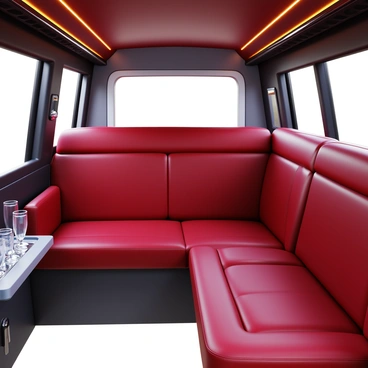 A luxurious limousine interior featuring plush leather seating in deep shades of burgundy. The seating arrangement includes a spacious bench with ample legroom, accented by soft cushions. A sleek, modern minibar is positioned on one side, displaying a selection of fine beverages in elegant glassware. Soft ambient lighting illuminates the interior, highlighting the polished wood and chrome details. There are large tinted windows, providing a view of the outside while ensuring privacy.