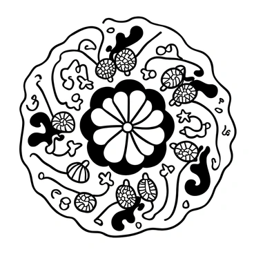 A mandala design formed from various seashells arranged in intricate patterns. Waves depicted in flowing shapes encircle the mandala, creating a sense of movement. Marine creatures such as starfish and seahorses are interspersed within the mandala, enhancing the oceanic theme. The entire composition is set against a sandy background, providing a natural context for the mandala elements.