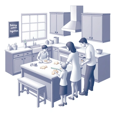 A kitchen with a large central island covered in flour and cookie dough. A mother and a father are standing beside their two children, all engaged in baking cookies. The mother is rolling out dough with a rolling pin, while the father is measuring ingredients from a bowl. The children are joyfully cutting out cookie shapes using various molds. Kitchen utensils like mixing bowls, measuring cups, and spatulas are scattered around. The walls are lined with wooden cabinets, and there is a window above the sink letting in natural light. "Baking cookies together" is displayed prominently on a chalkboard hanging on the wall.