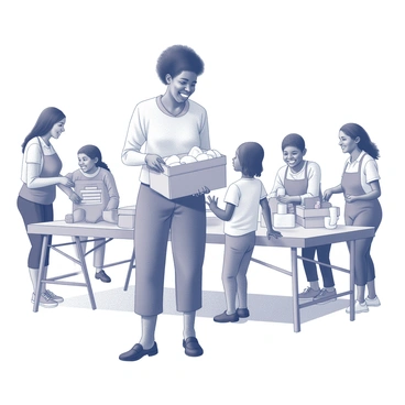 An African woman is engaged in volunteer work at a local charity. She is wearing a simple yet practical outfit suitable for her task, including a light-colored shirt and comfortable trousers. She is actively involved in distributing food and supplies to those in need. In her hands, she is holding a box filled with various supplies, while smiling warmly at a child who is receiving assistance. Around her, other volunteers can be seen, each busy with their own tasks, creating a scene of community support and collaboration. The setting includes a backdrop of a modest outdoor space, with tables arranged neatly to facilitate the distribution process.