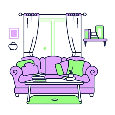 A cozy living room features a comfortable sofa positioned against the wall. The sofa is adorned with various cushions. In front of the sofa, there is a coffee table stacked with several magazines. The coffee table has a small decorative item on top, such as a plant or a candle. A window on the opposite wall allows light to filter in, with sheer curtains gently billowing. A soft rug is placed on the floor beneath the coffee table, enhancing the warmth of the space. A small bookshelf filled with books and a couple of framed pictures is visible in the corner.