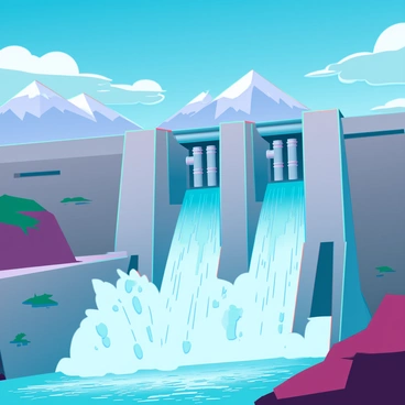 A massive hydroelectric dam made of concrete and steel, towering over a vast landscape. Water is gushing forcefully through large metal turbines, creating strong currents as it travels down into a river below. The dam’s surface is slick and glistening in the sunlight, with a few patches of green moss clinging to its base. In the background, mountains rise majestically, partially covered by clouds, while a vibrant blue sky stretches above. The scene captures the power and engineering marvel of the dam in action.