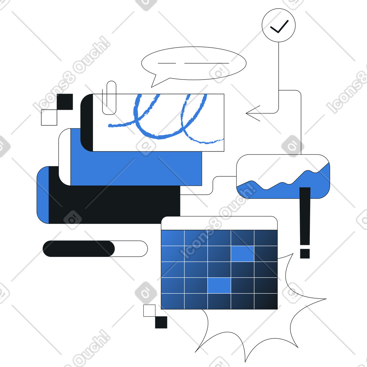 Calendar and flowchart elements with tasks, Project management planning, Workflow optimization scheduling illustration in Midnight style download in PNG, SVG