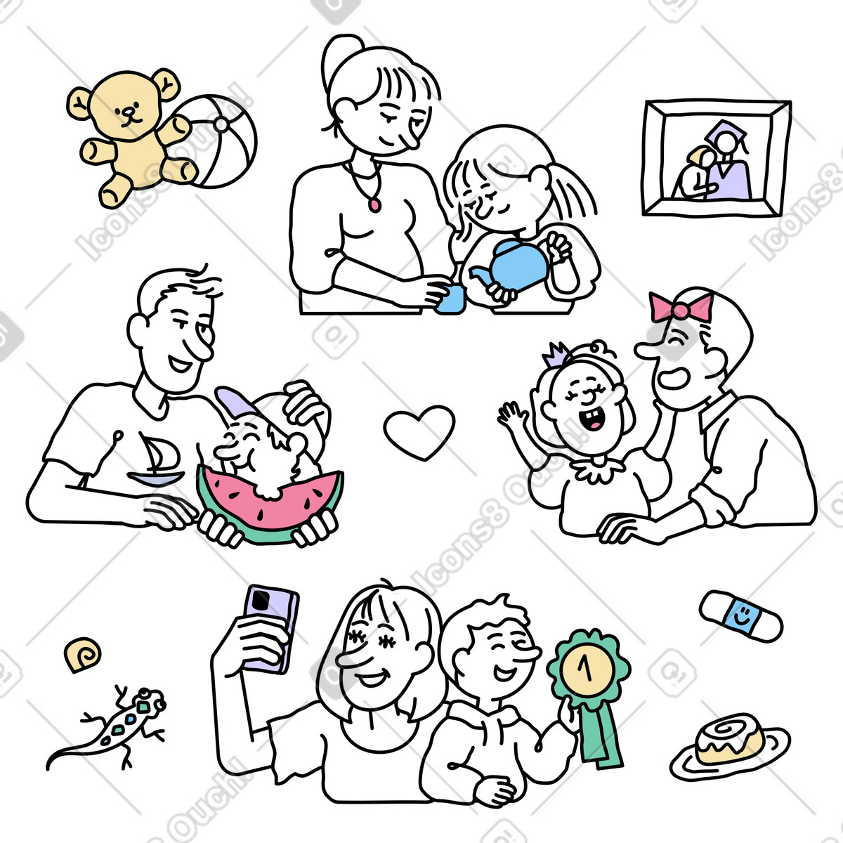 Parents and children spending time together illustration in Notes style download in PNG, SVG