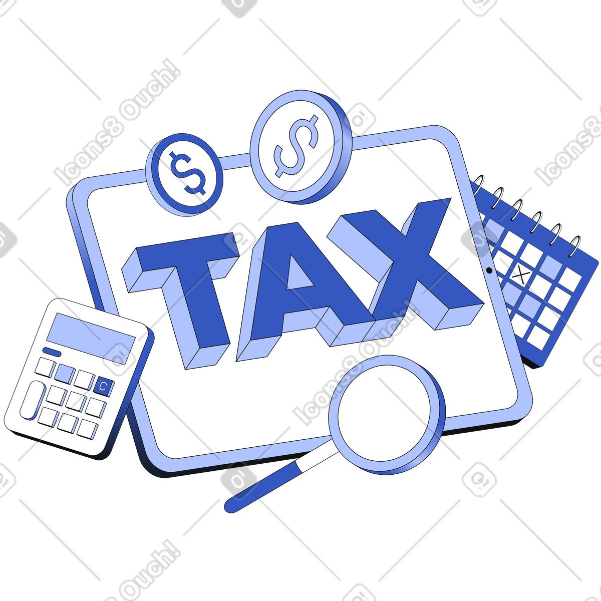 Tax word with calculator and coins, Personal finance and accounting illustration in Techny style download in PNG, SVG