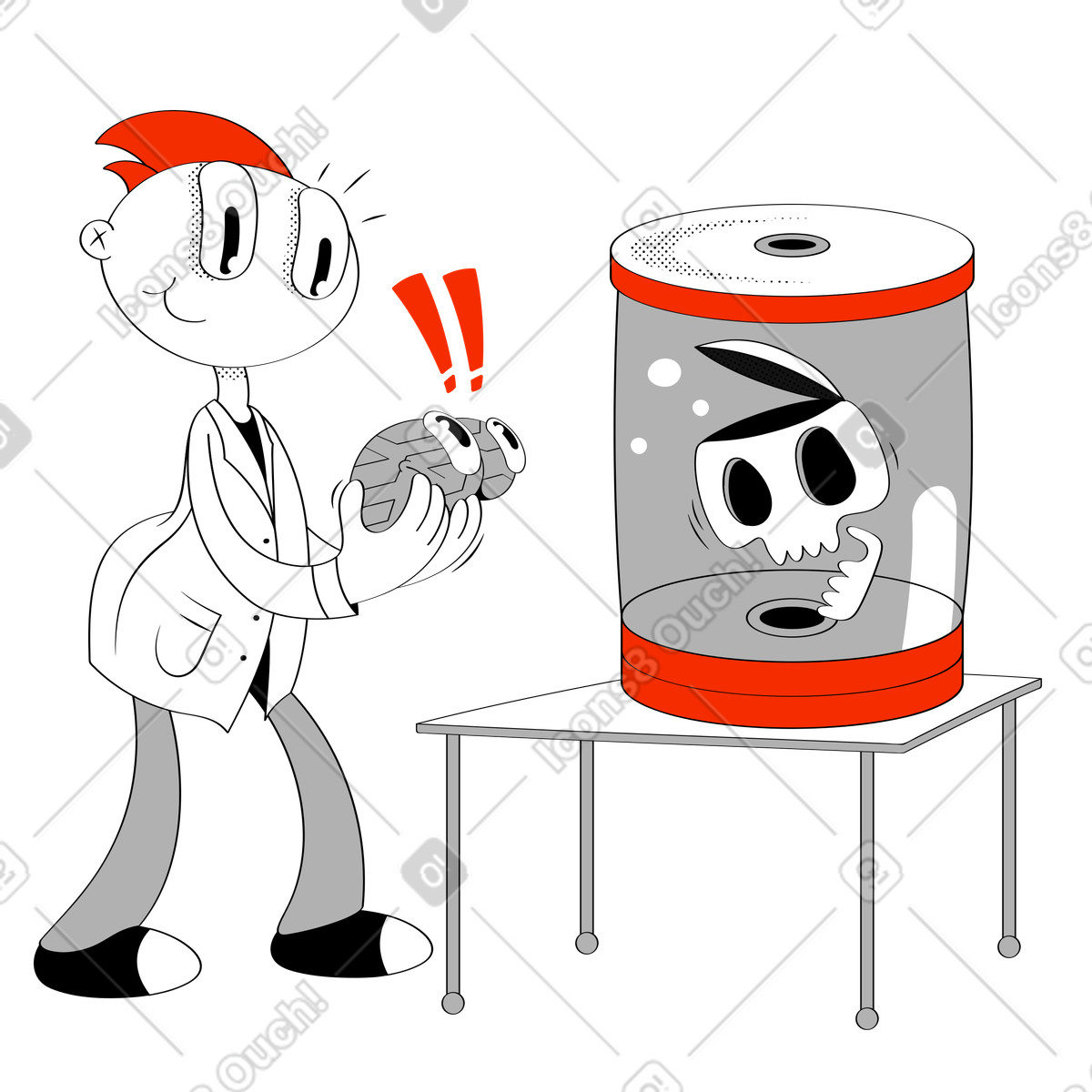 Scienziato che tenta un trapianto di cervello illustrazione in stile Looney scarica in PNG, SVG