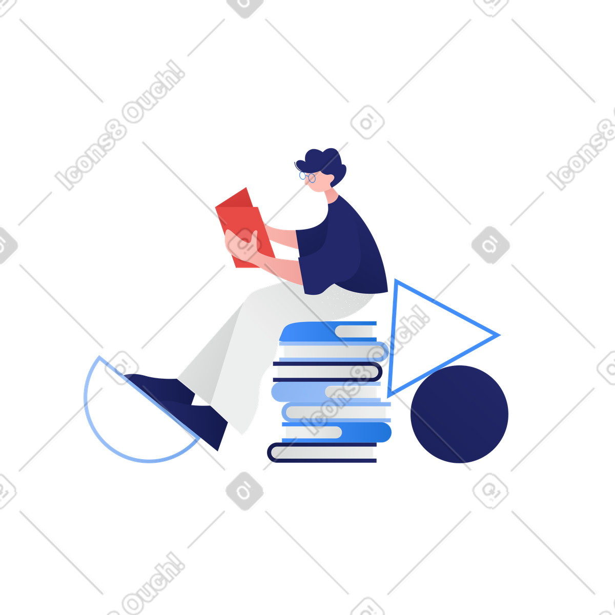 Eine person sitzt auf einem stapel bücher-Illustration im Clip-Stil als Download in PNG, SVG