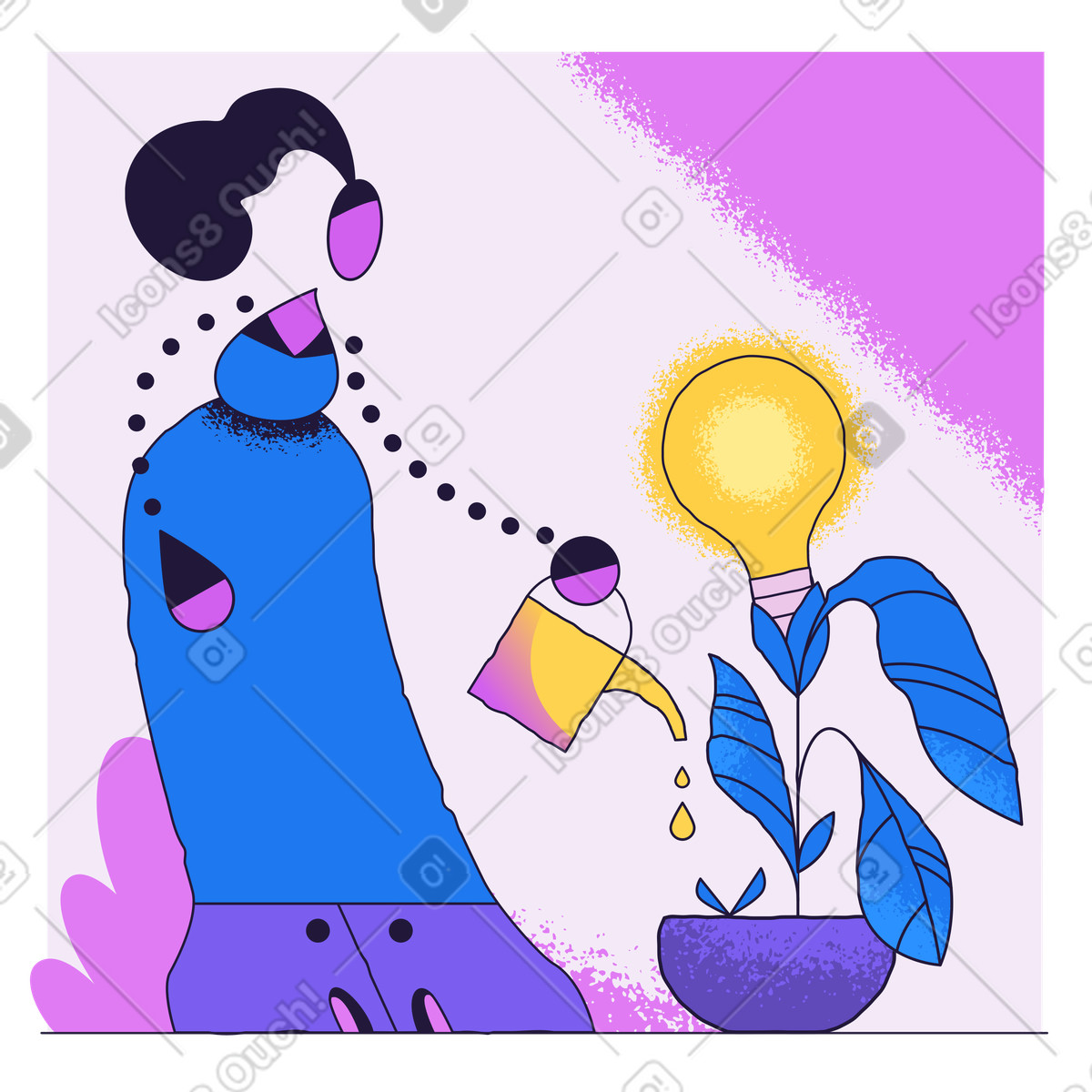 Woman watering a green technology plant with lightbulb illustration in Conifer style download in PNG, SVG