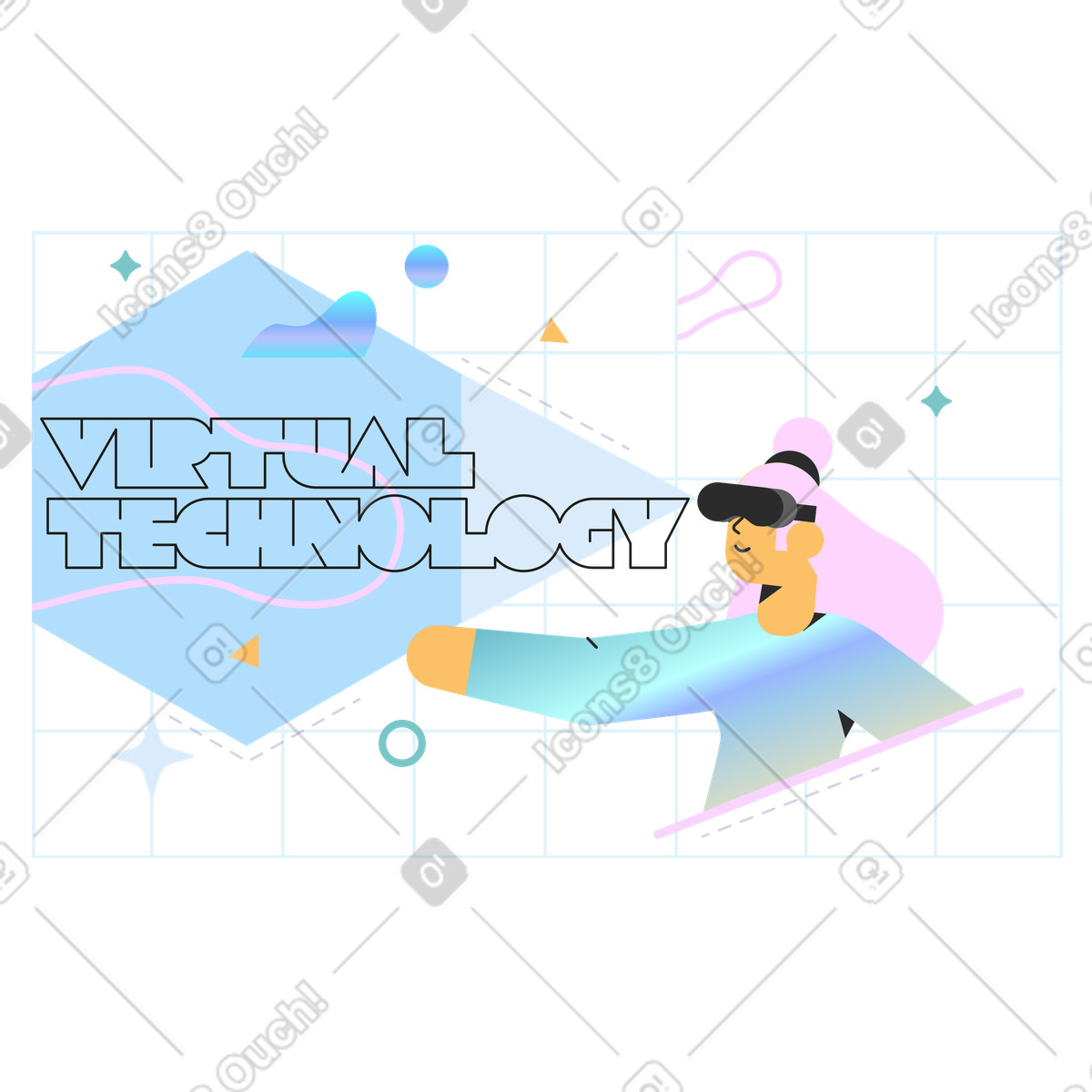 Virtueller technologietext und eine frau mit virtual-reality-brille-Illustration im Marginalia-Stil als Download in PNG, SVG