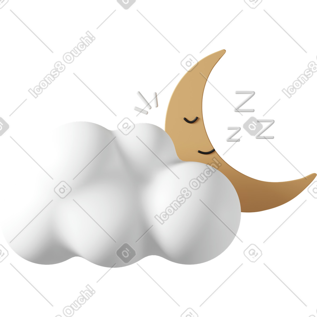 3D Casual life 스타일의 Sleeping crescent moon on fluffy cloud, bedtime and night routine 일러스트레이션 PNG, SVG 다운로드