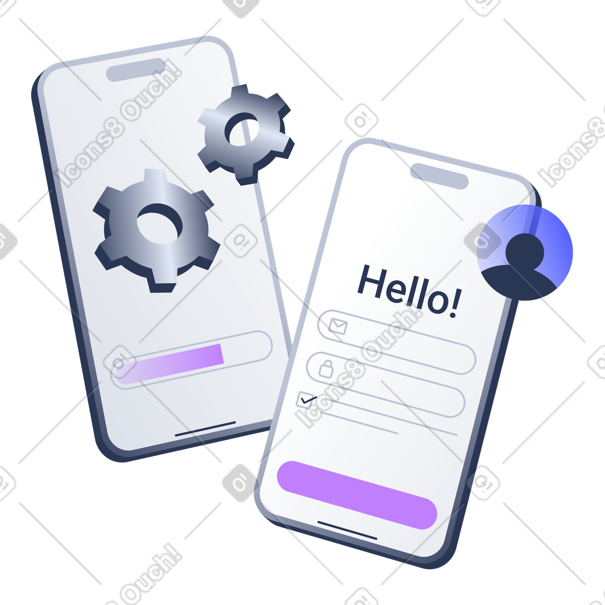 Illustration Intégration du smartphone, écran d'accueil sur activation et configuration téléphone dans le style Lucent à télécharger aux formats PNG, SVG