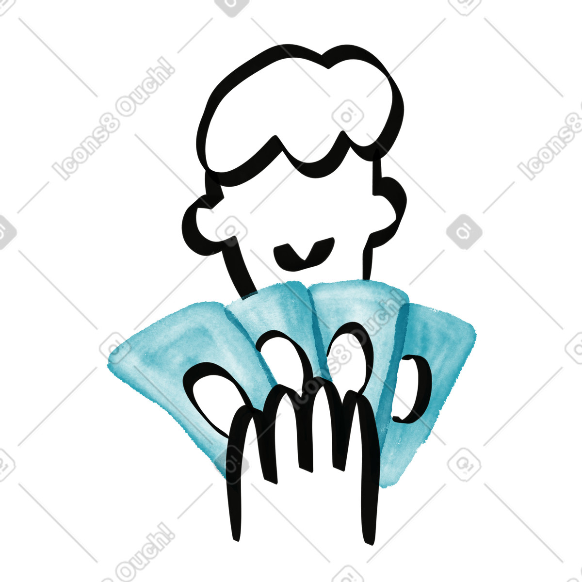 Illustration Money fan held by smiling character hand showing cash dans le style Watercolor sketch à télécharger aux formats PNG, SVG