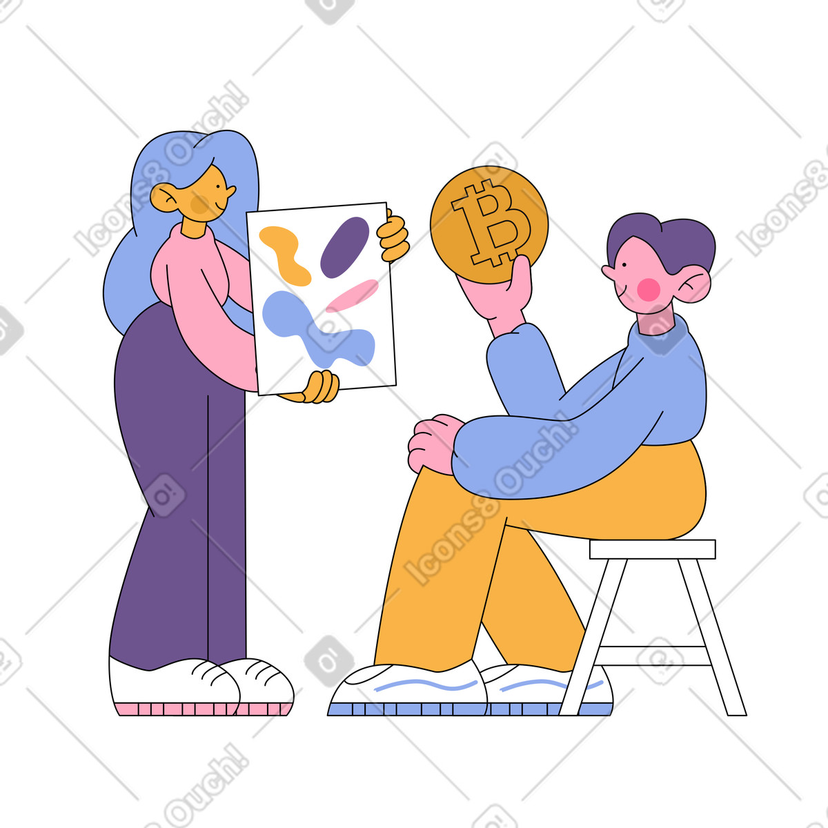 Donna vende il suo dipinto a un uomo in cambio di criptovaluta illustrazione stile Bloom scarica PNG, SVG