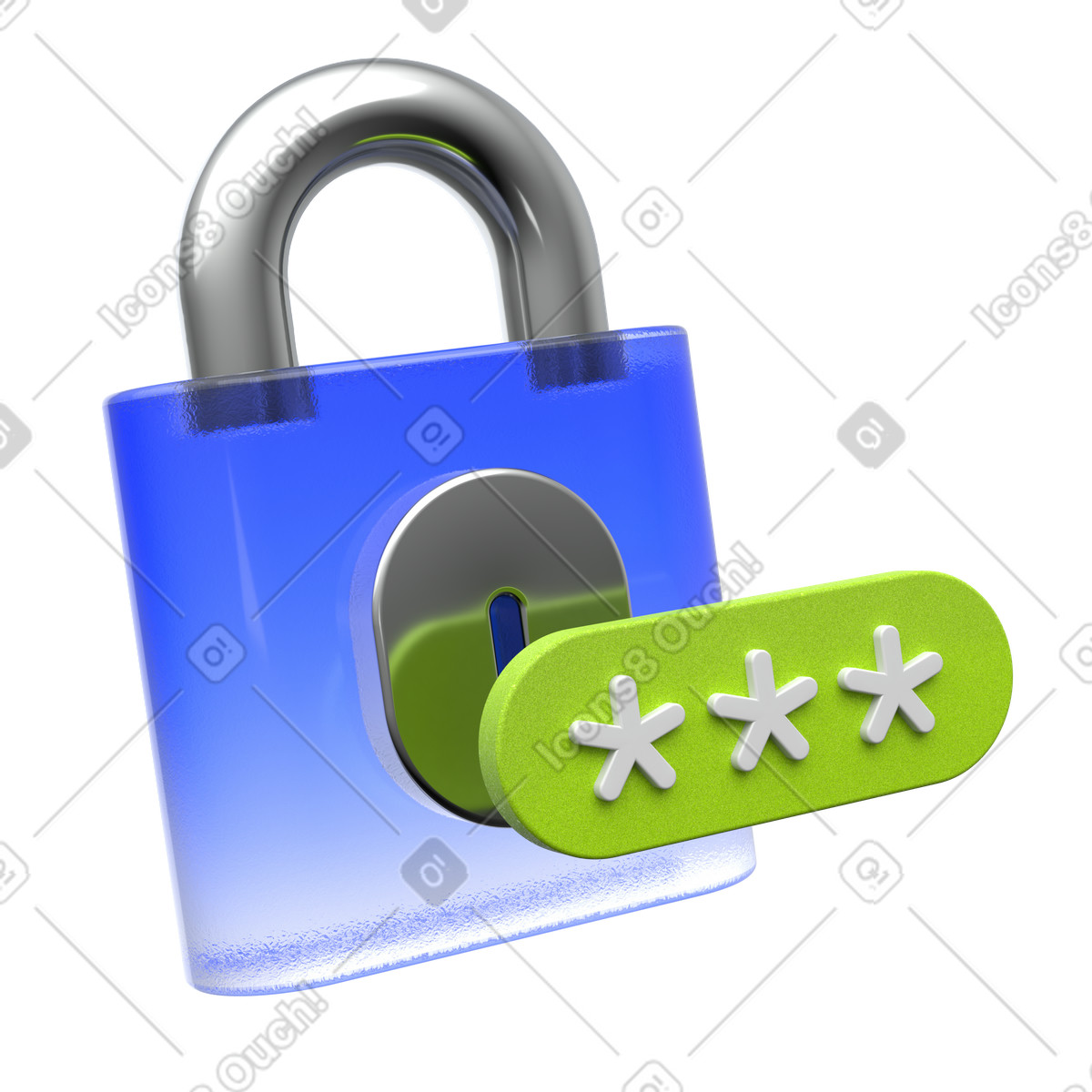 Blue glass padlock, Password entry field, Secure login icon illustration in PNG, SVG