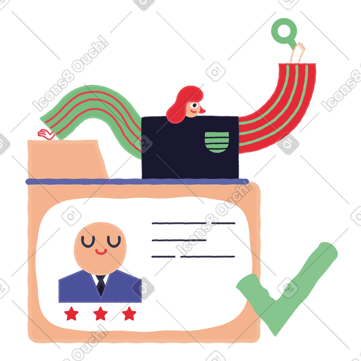 Forscher steht neben der mappe und hat den perfekten kandidaten gefunden-Illustration im Stripy-Stil als Download in PNG, SVG