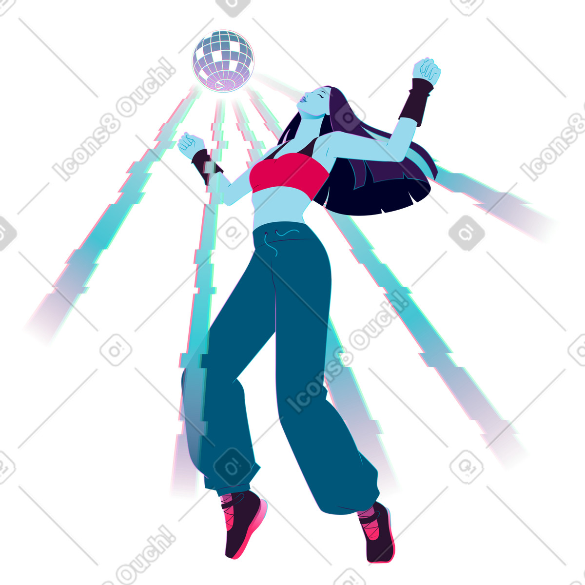 Illustration Dancing under disco ball, Virtual party or online dance event dans le style Neon à télécharger aux formats PNG, SVG
