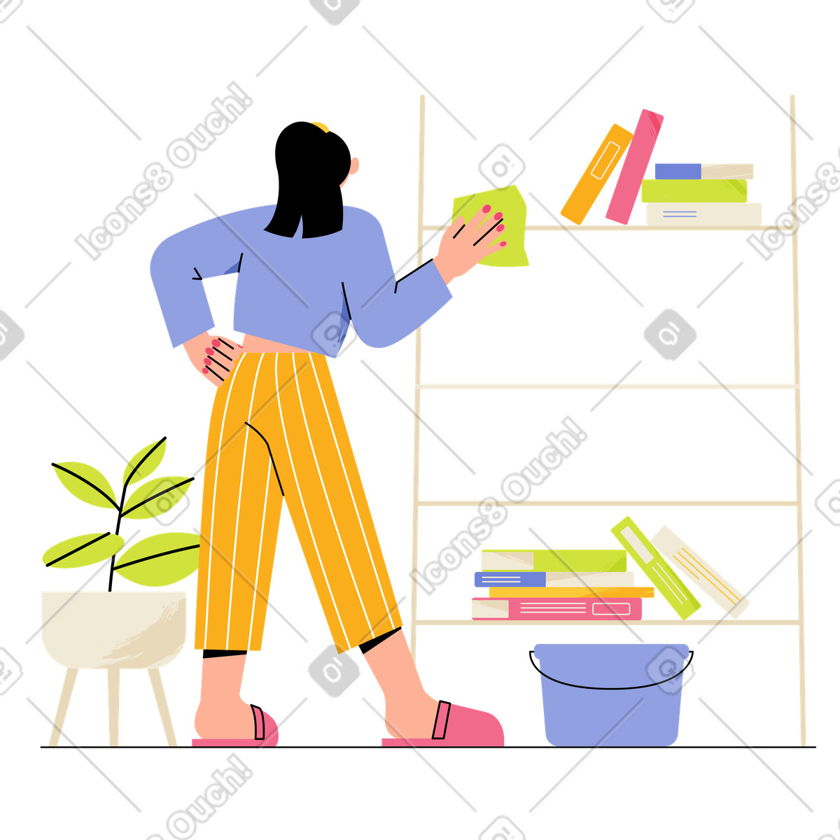 Ilustración Mujer limpiando una estantería con un paño en estilo Juicy a descargar en PNG y SVG