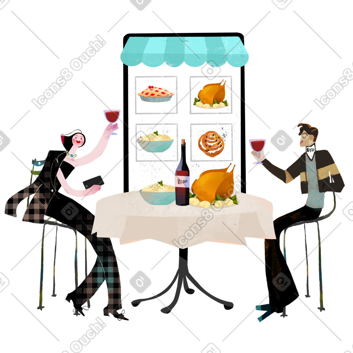 Illustration Un couple commande de la nourriture en ligne pour le dîner dans style Fabulous à télécharger aux formats PNG, SVG