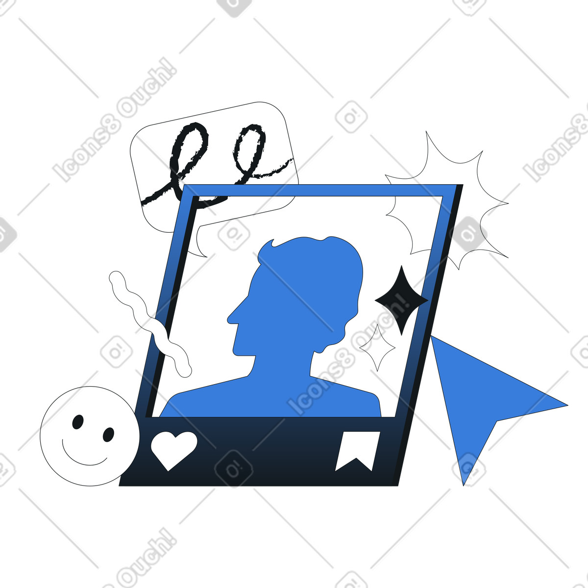 Profile image in digital post with icons, social interaction and user activity illustration in Midnight style download in PNG, SVG