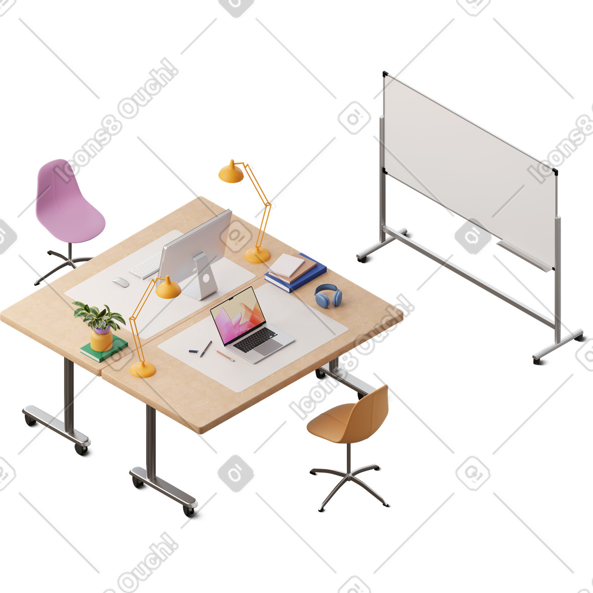 Isometric view of office desks and whiteboard illustration, featuring workspace clipart GIF