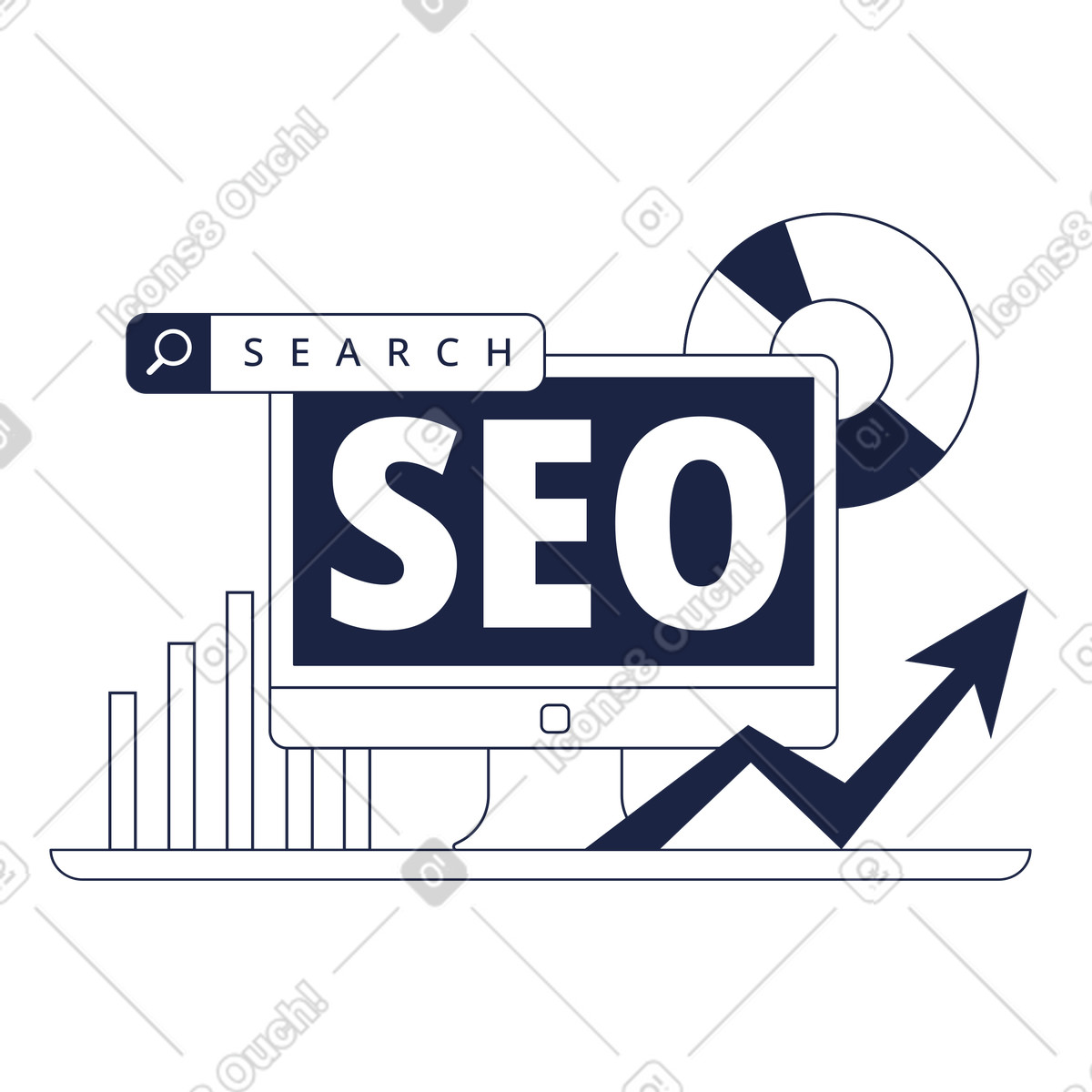 Desktop display with SEO lettering and graphs, Web traffic analysis illustration in Urban Line style download in PNG, SVG
