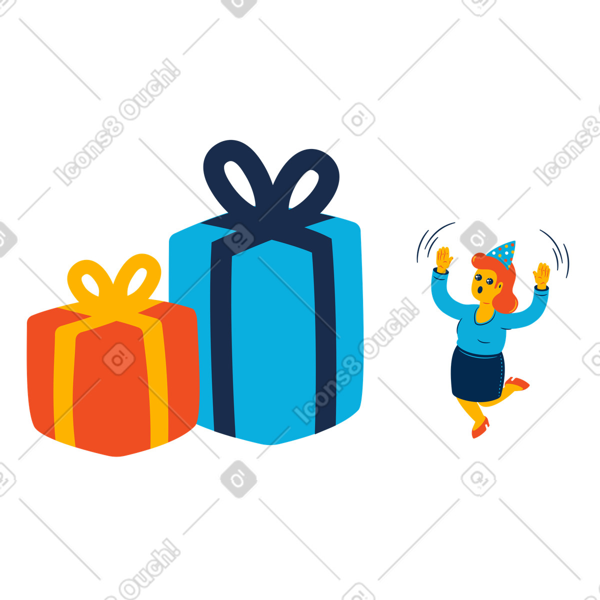 Woman received a very big gift illustration in Flame style download in PNG, SVG