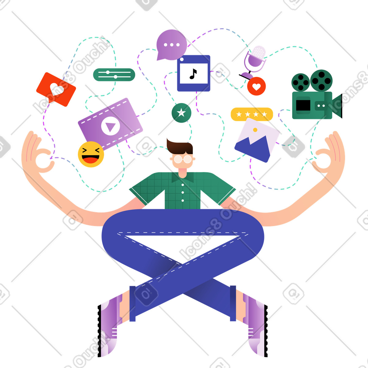 Иллюстрация Meditation in lotus pose with media icons, Social detox and balance в стиле Wavy — скачать в форматах PNG, SVG