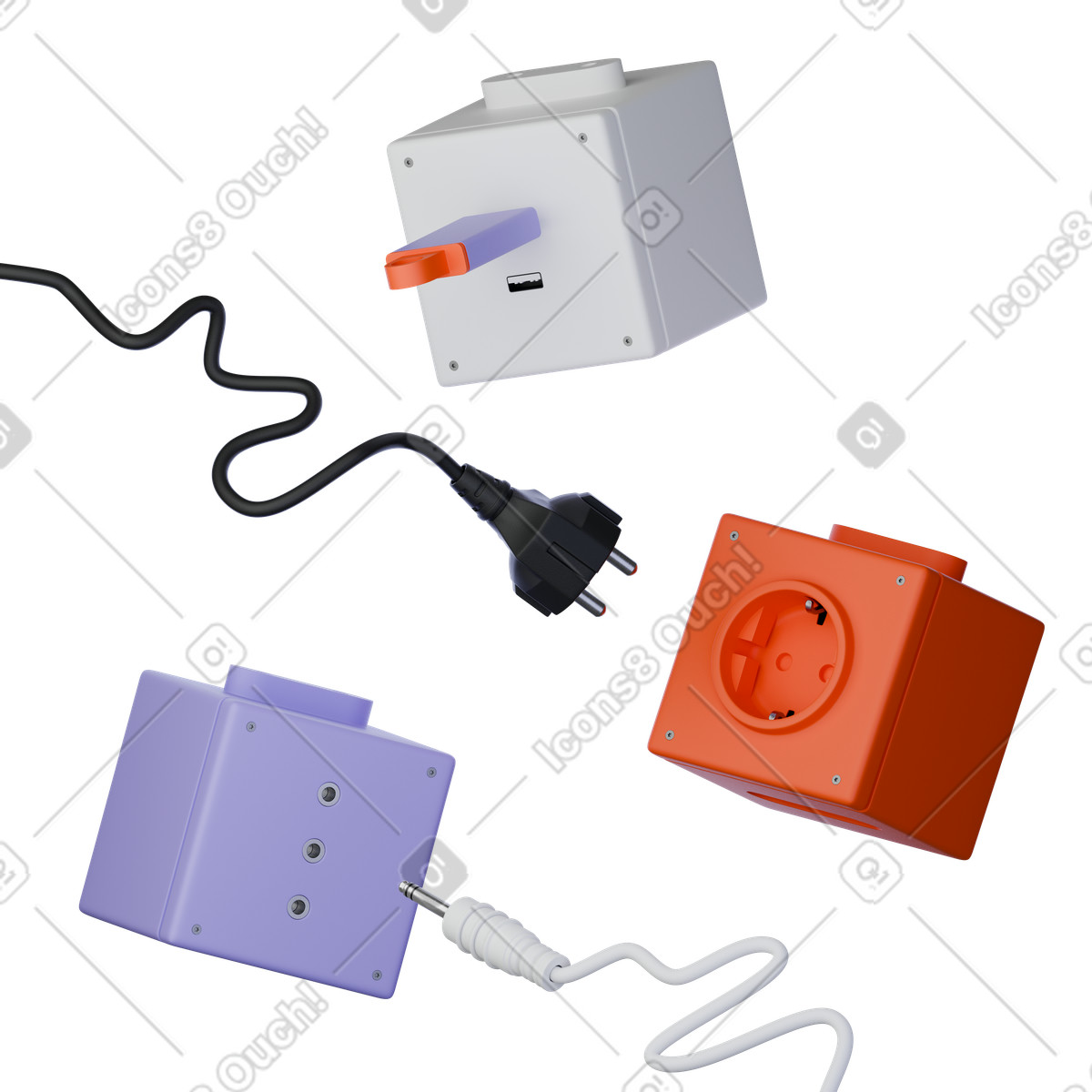 Ilustración Purple, orange and black extension socket cubes with cable, Schuko power strips, Electrical outlet renders en estilo 3D Product a descargar en PNG y SVG