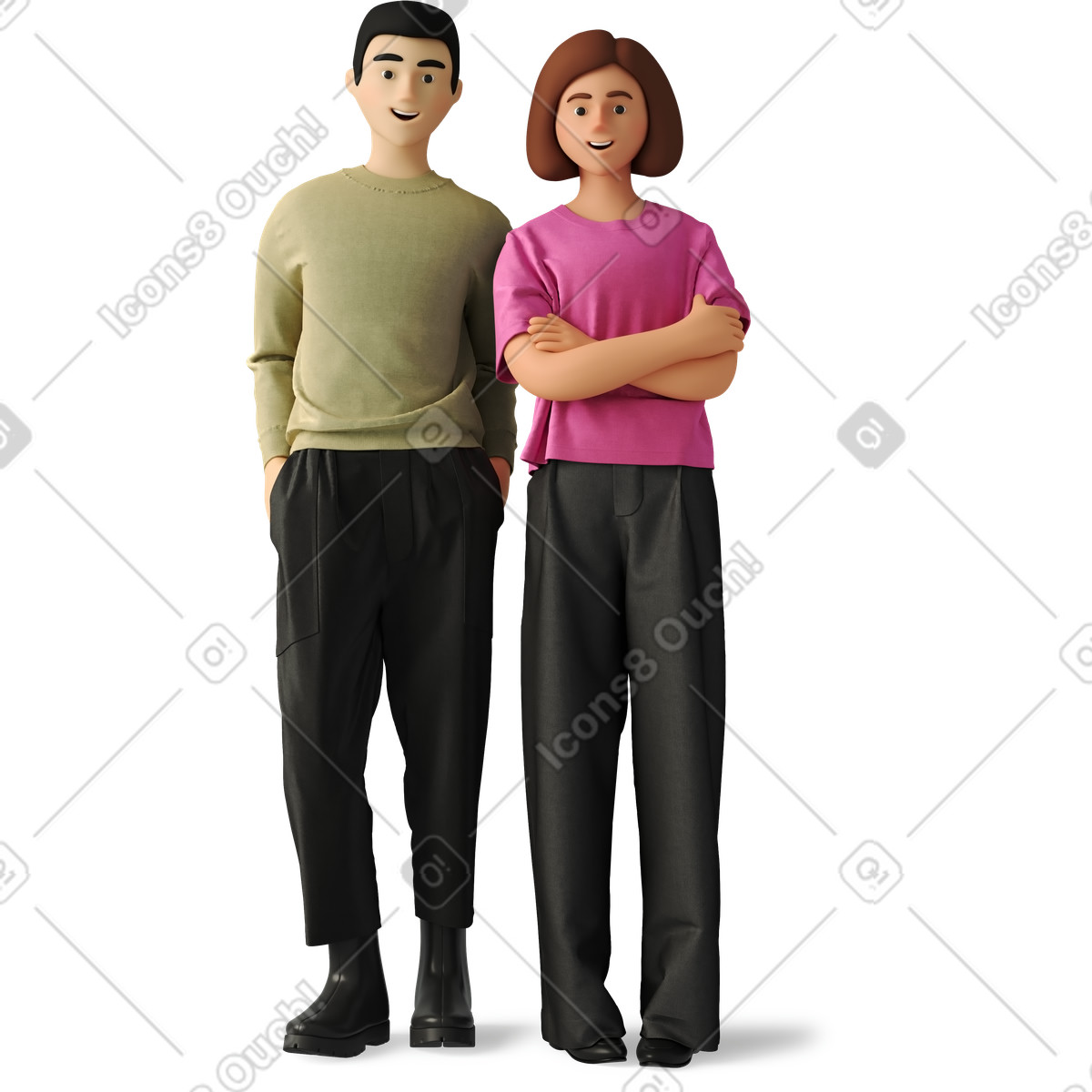 Man and woman in casual clothes standing smiling illustration 3D Business style download PNG, SVG