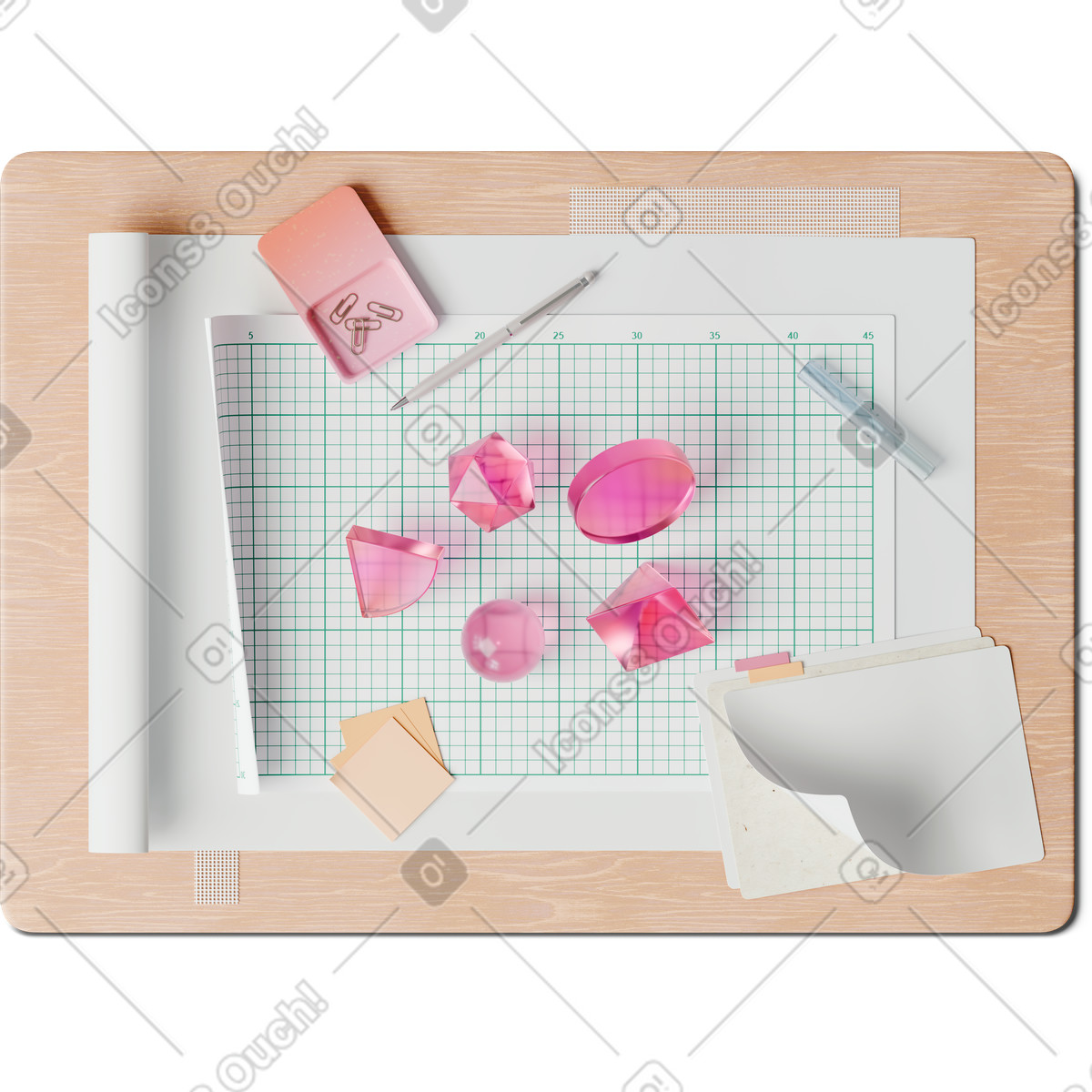 Vista dall'alto del tappetino da taglio, carte, figure geometriche illustrazione in stile 3D Hygge scarica in PNG, SVG
