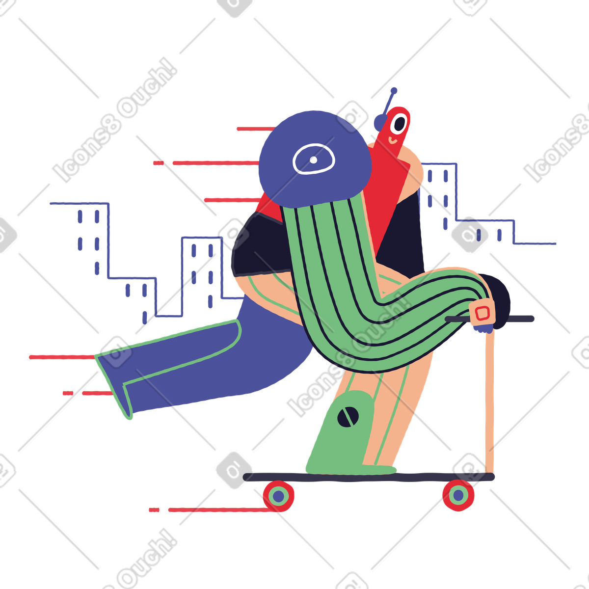 Illustration Robot conduisant un scooter rapidement dans le style Stripy à télécharger aux formats PNG, SVG
