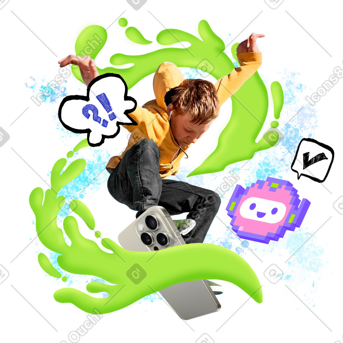 Young man talking to support chatbot illustration in Energy style download in PNG, SVG