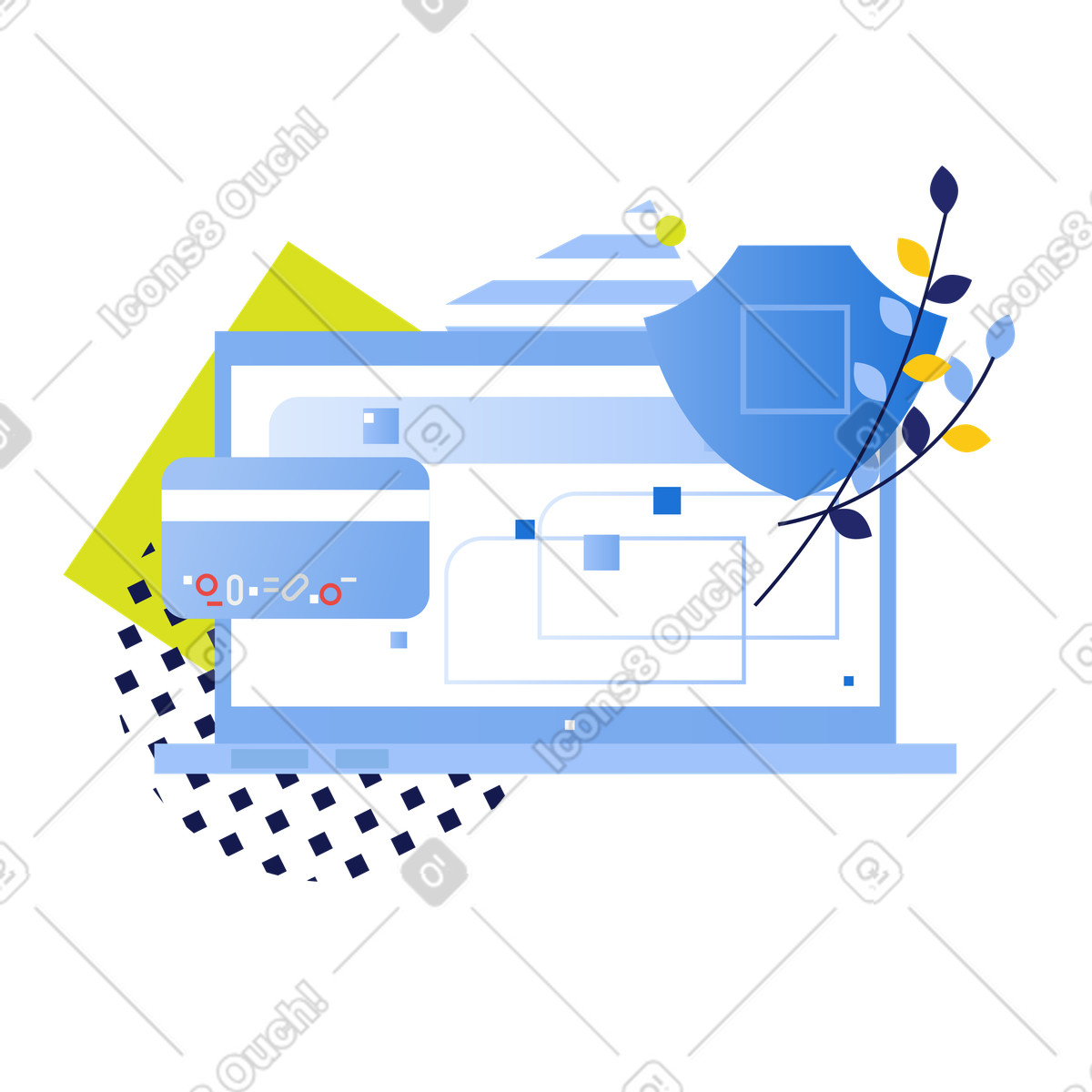 Ilustração de Abra o laptop com site e escudo segurança em no estilo Clip para baixar em PNG, SVG