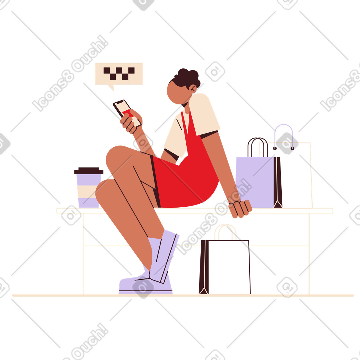 Folks スタイルの 買い物袋を持つ少女が携帯電話でタクシーを呼ぶ のイラストをPNG、SVG形式でダウンロード