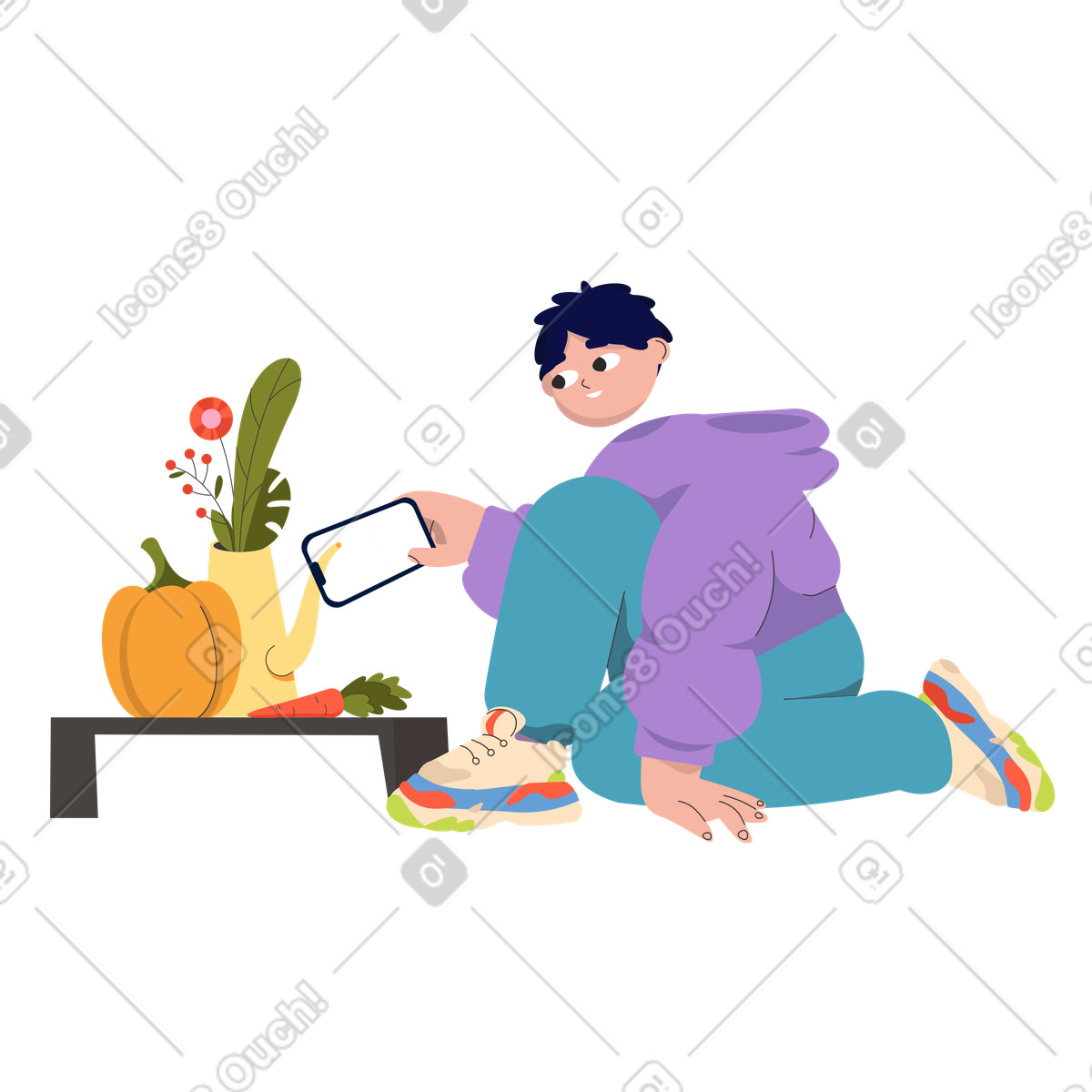 Uomo che scatta una foto di composizione natura morta illustrazione in stile Dizzy scarica in PNG, SVG