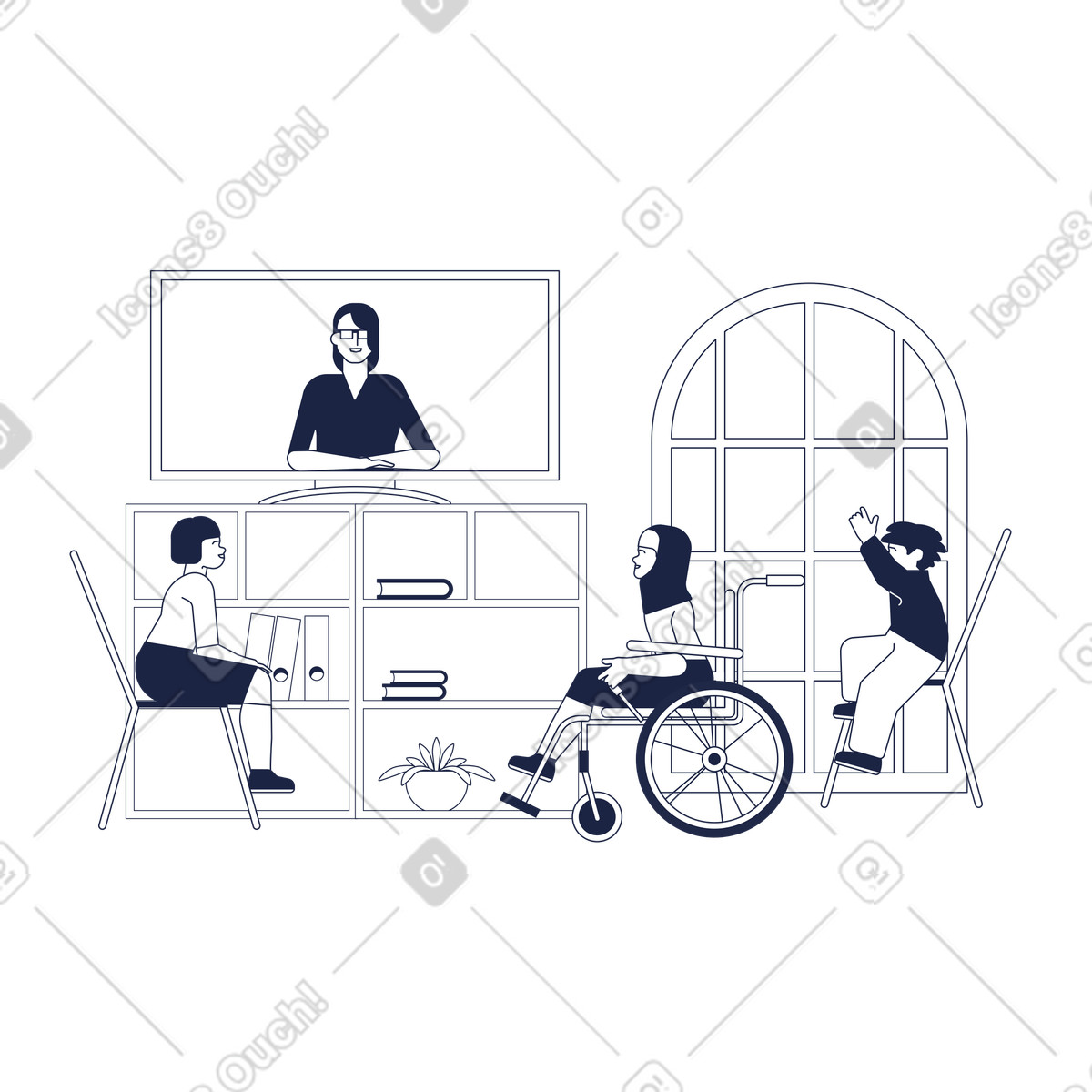 Children learning remotely with virtual teacher, Accessible online illustration in Urban Line style download in PNG, SVG